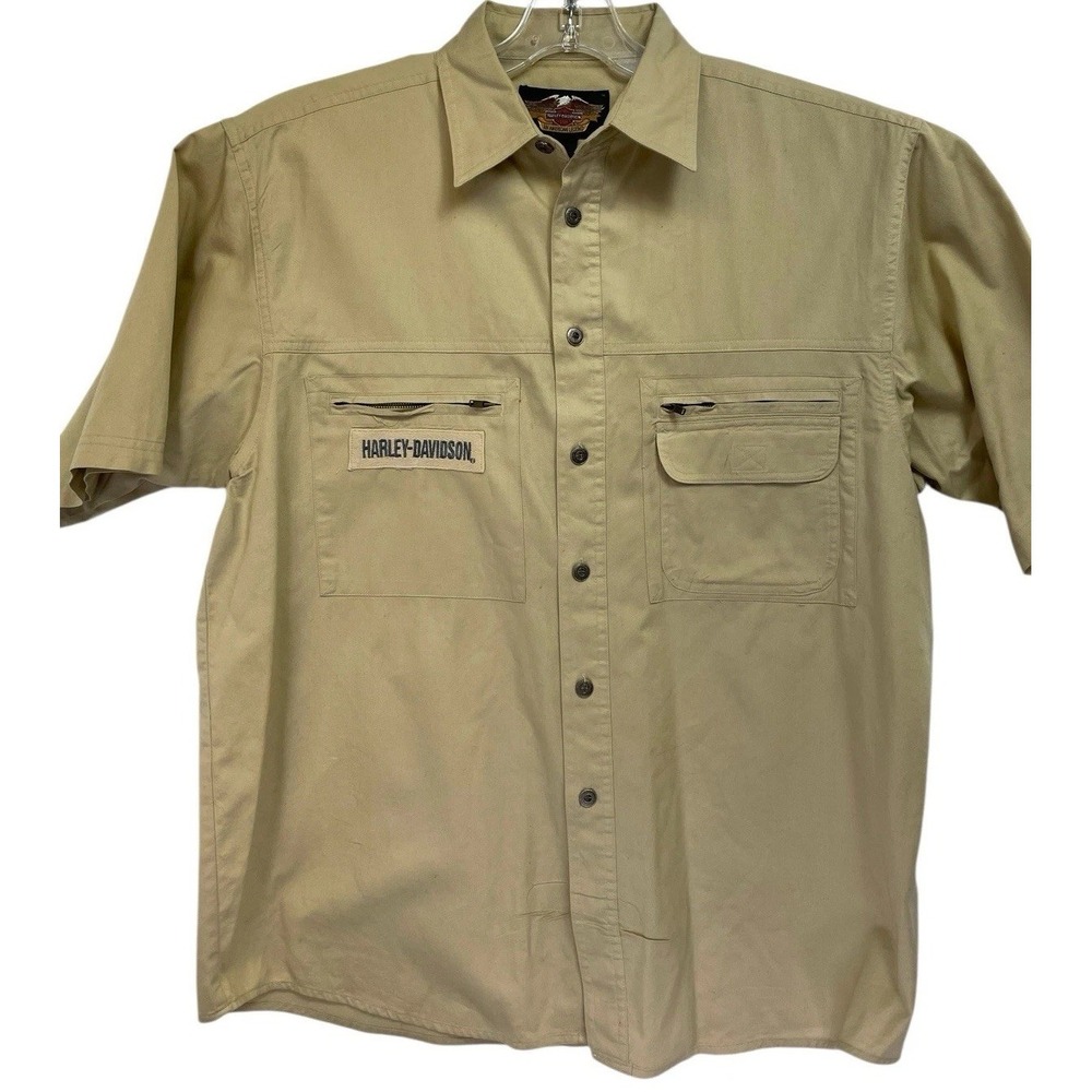 Harley-Davidson Mens Sz Large Beige Short-Sleeve Button-Up Shirt (O34) EUC